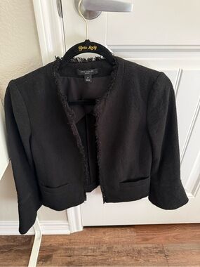 Ann Taylor Black Cropped Fringed Open-Front Jacket